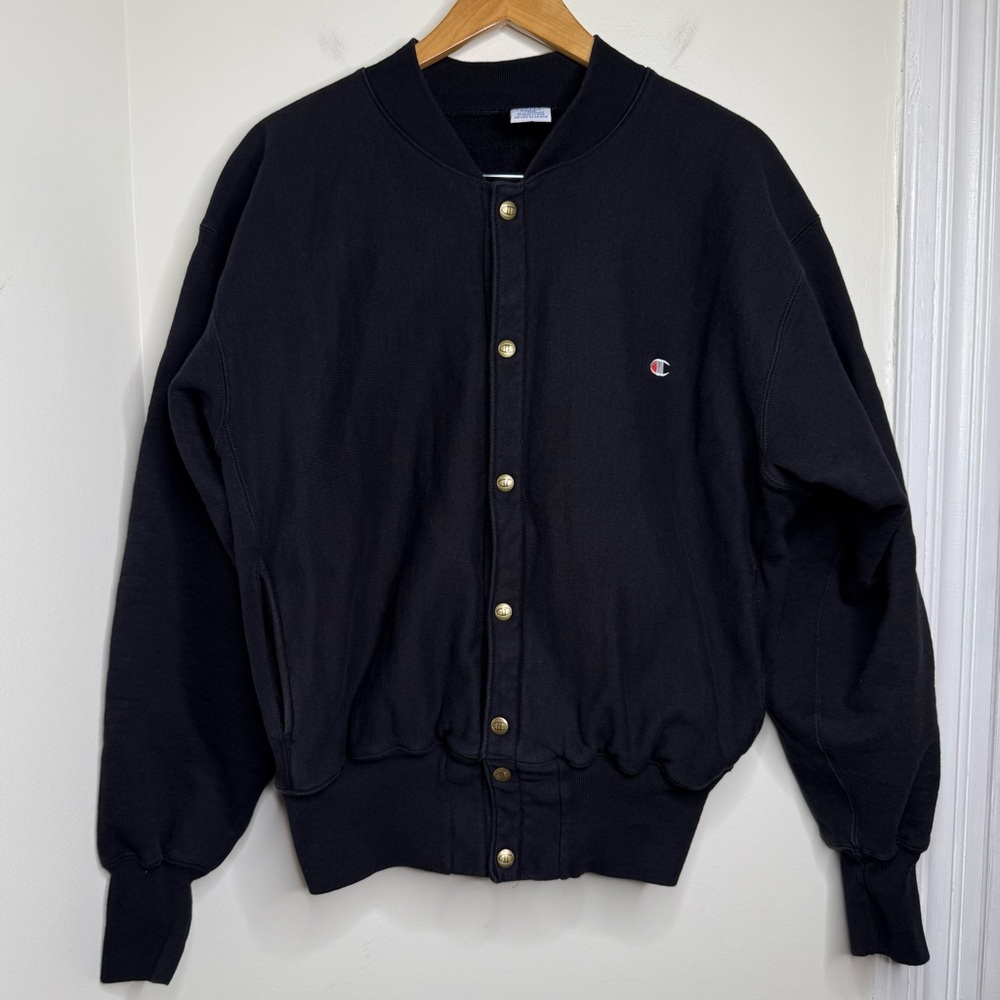 VTG 90s Champion Reverse Weave Snap Up Black Sweatshirt Jacket Sz Large Pockets